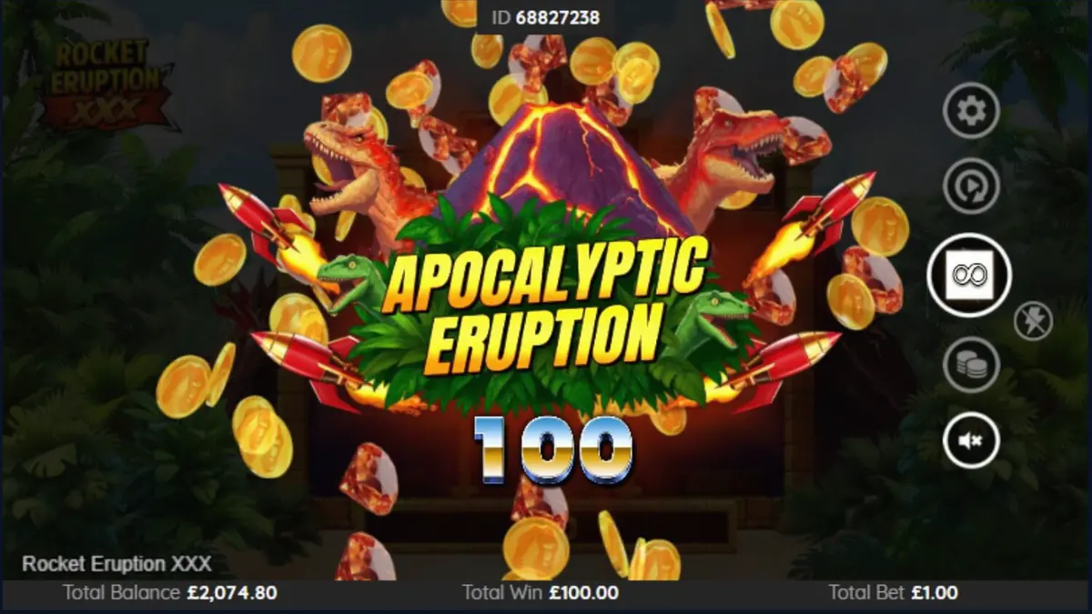 Tampilan visual mesin slot Rocket Eruption XXX dengan tema gunung berapi dan roket